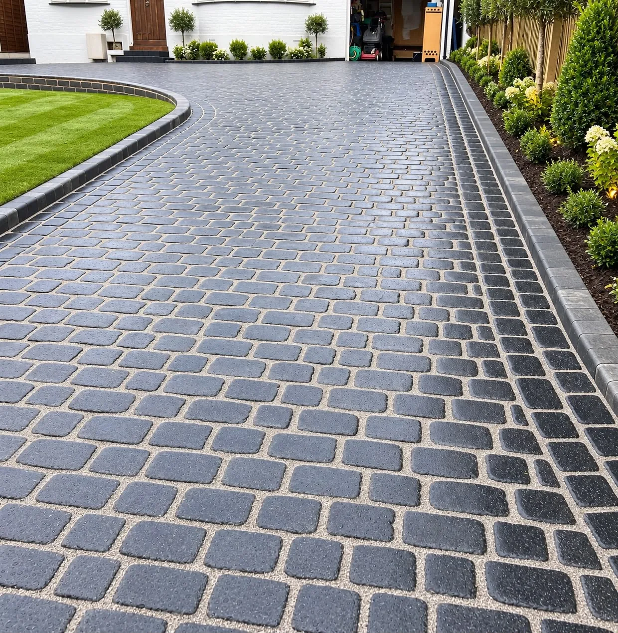 Charcoal tumbled block paving with a resin margin and a planted border along a driveway