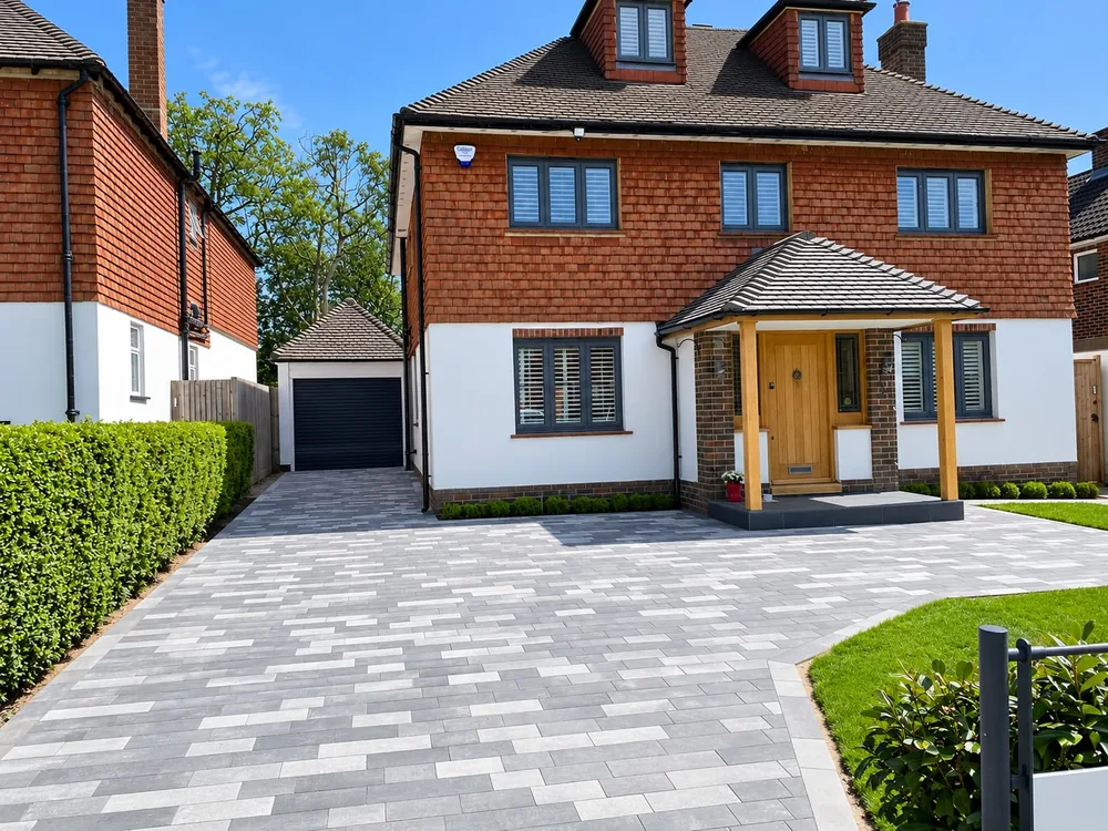 Grey block paved driveway to a white rendered house with a tile hung gable and oak porch
