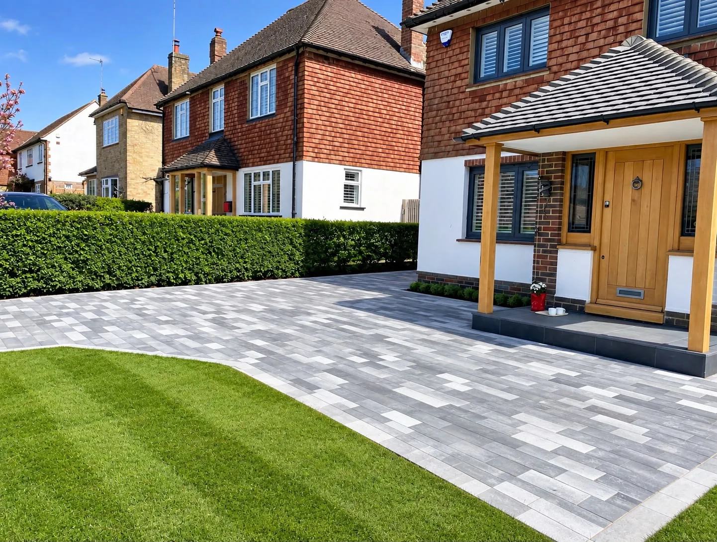 Grey block paved driveway beside a striped lawn at a house with an oak porch
