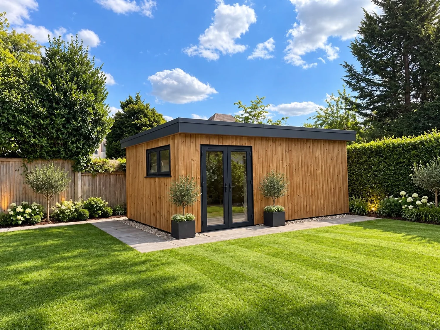 Cedar clad garden room with black bi-fold doors on a striped lawn with olive trees either side
